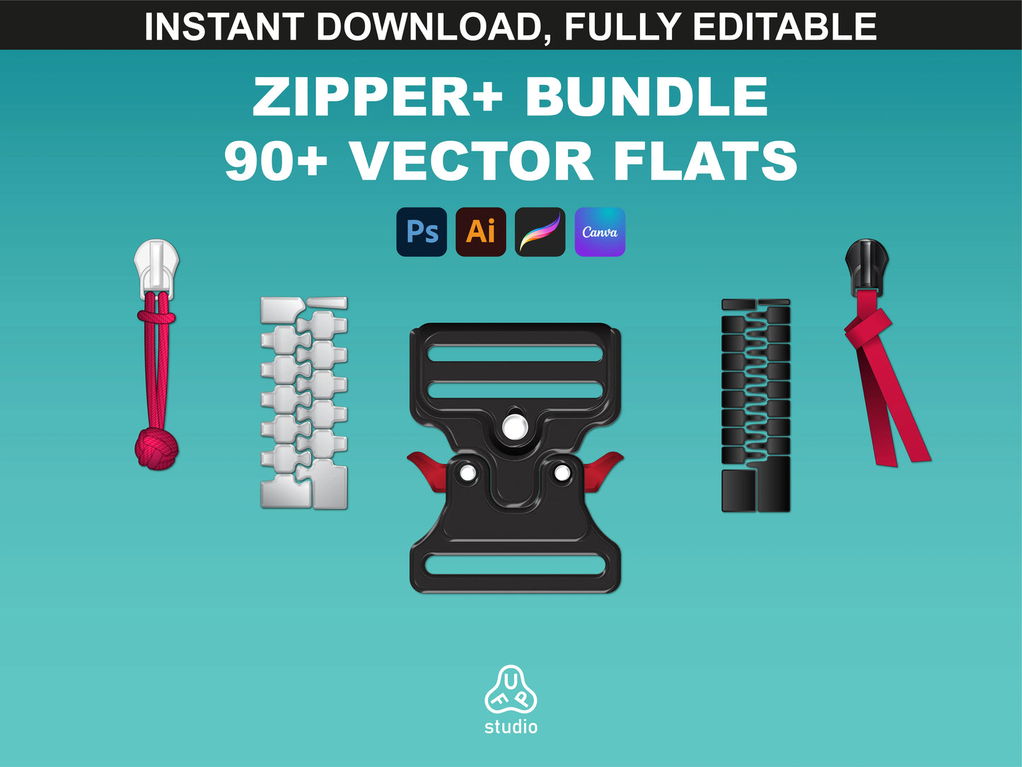 fupstudio Zipper+ Bundle preview image of 90+ vector mockups of zippers, buckles, pullers, and more for fashion design.