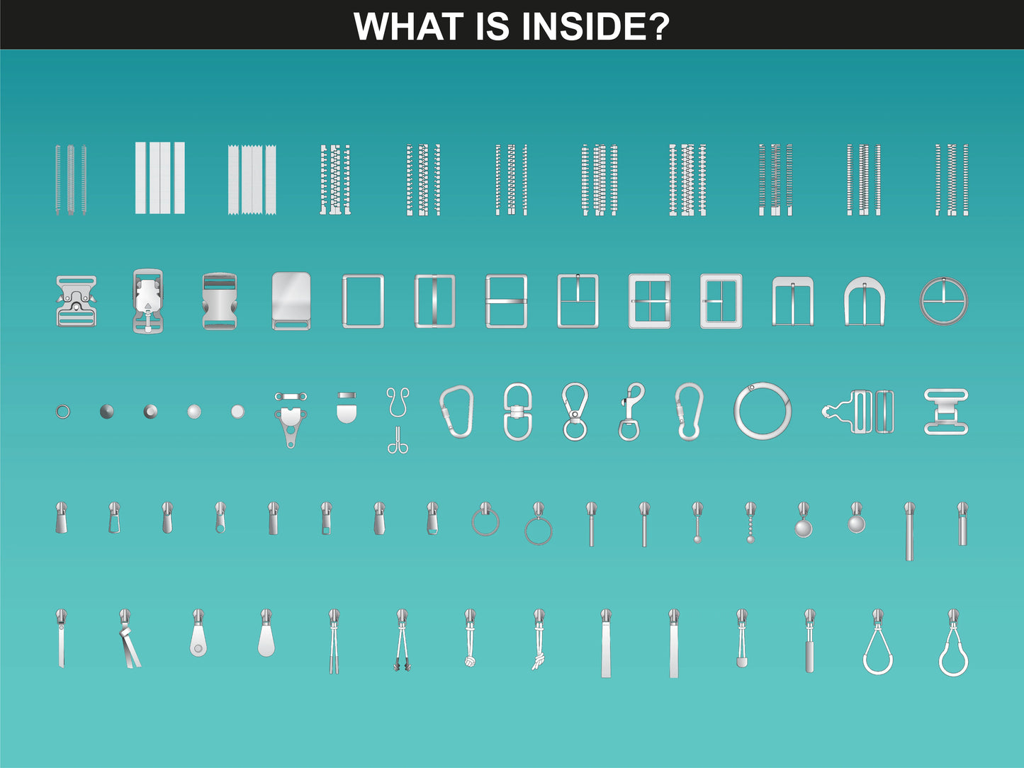 Detailed view of all elements inside the FUPstudio Zipper+ Bundle, including various zipper styles, pull tabs, and clasps.