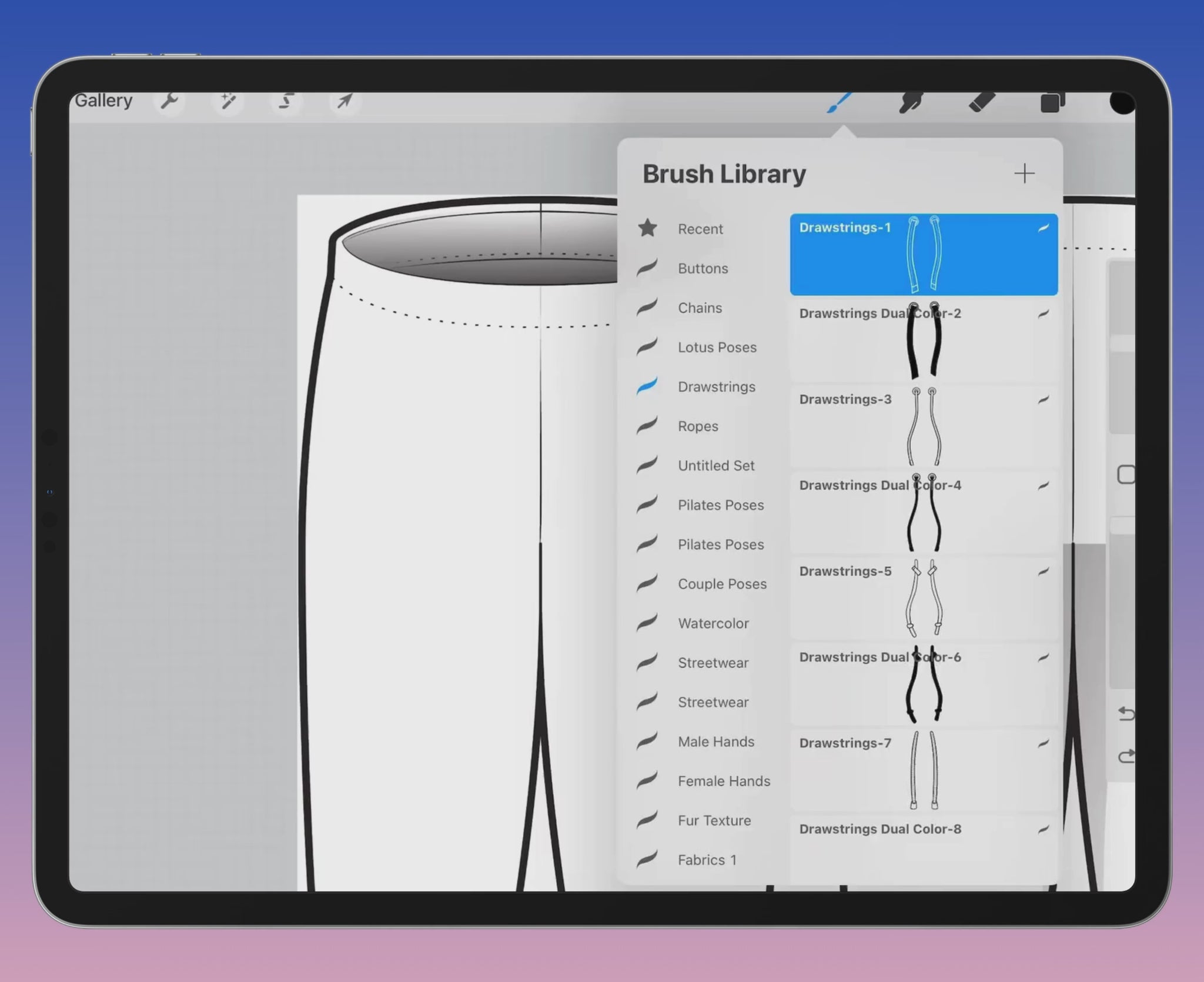 Watch how to use FUPstudio Drawstrings Brushes in Procreate – perfect for apparel design