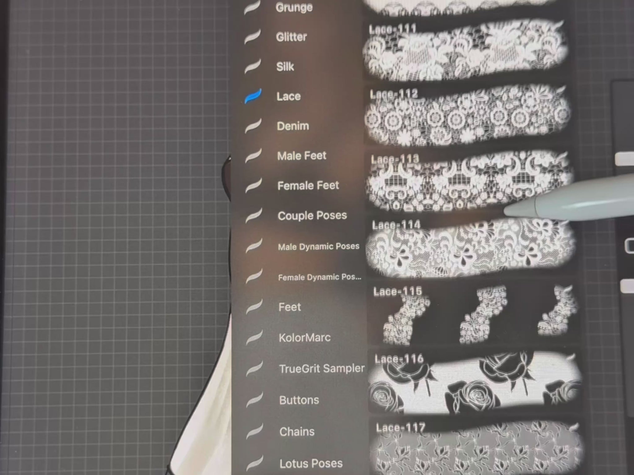 Video preview showcasing fupstudio's 150 Lace Texture Brushes in action on Procreate