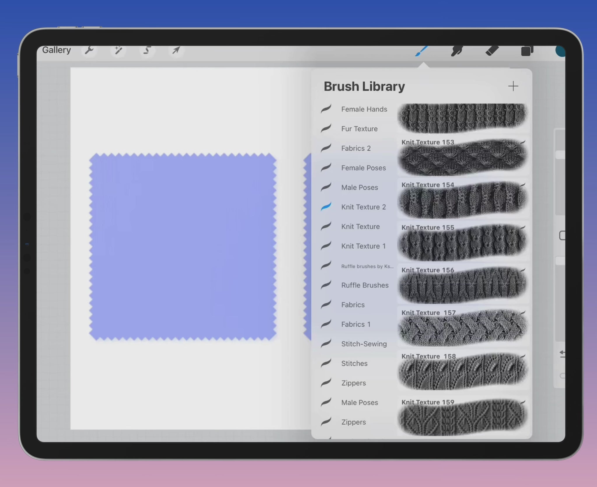 Video preview of fupstudio knit texture brushes in use for Procreate with various pattern applications