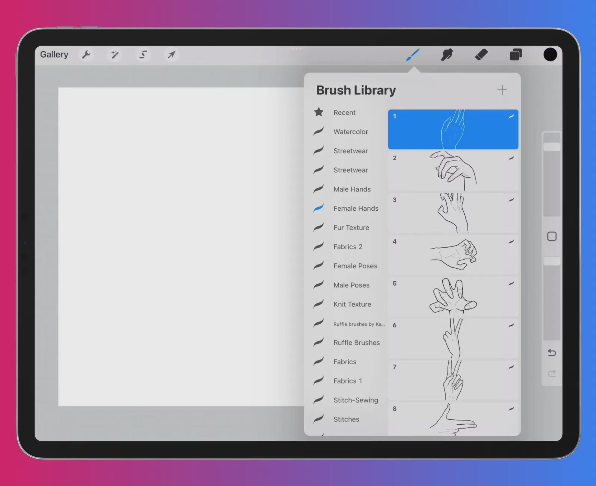 FUPstudio 400 Hand Poses Procreate Stamps preview video displaying dynamic male and female hand gestures.