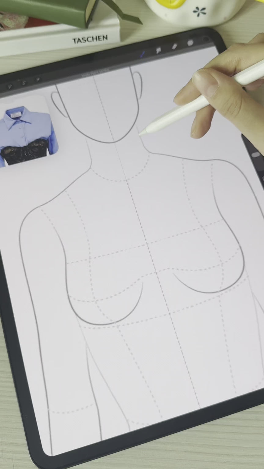 FUPstudio video showing fashion illustration in Procreate, adding lace texture and shading to a garment, using Procreate brushes for clothing design details and tech pack style rendering.