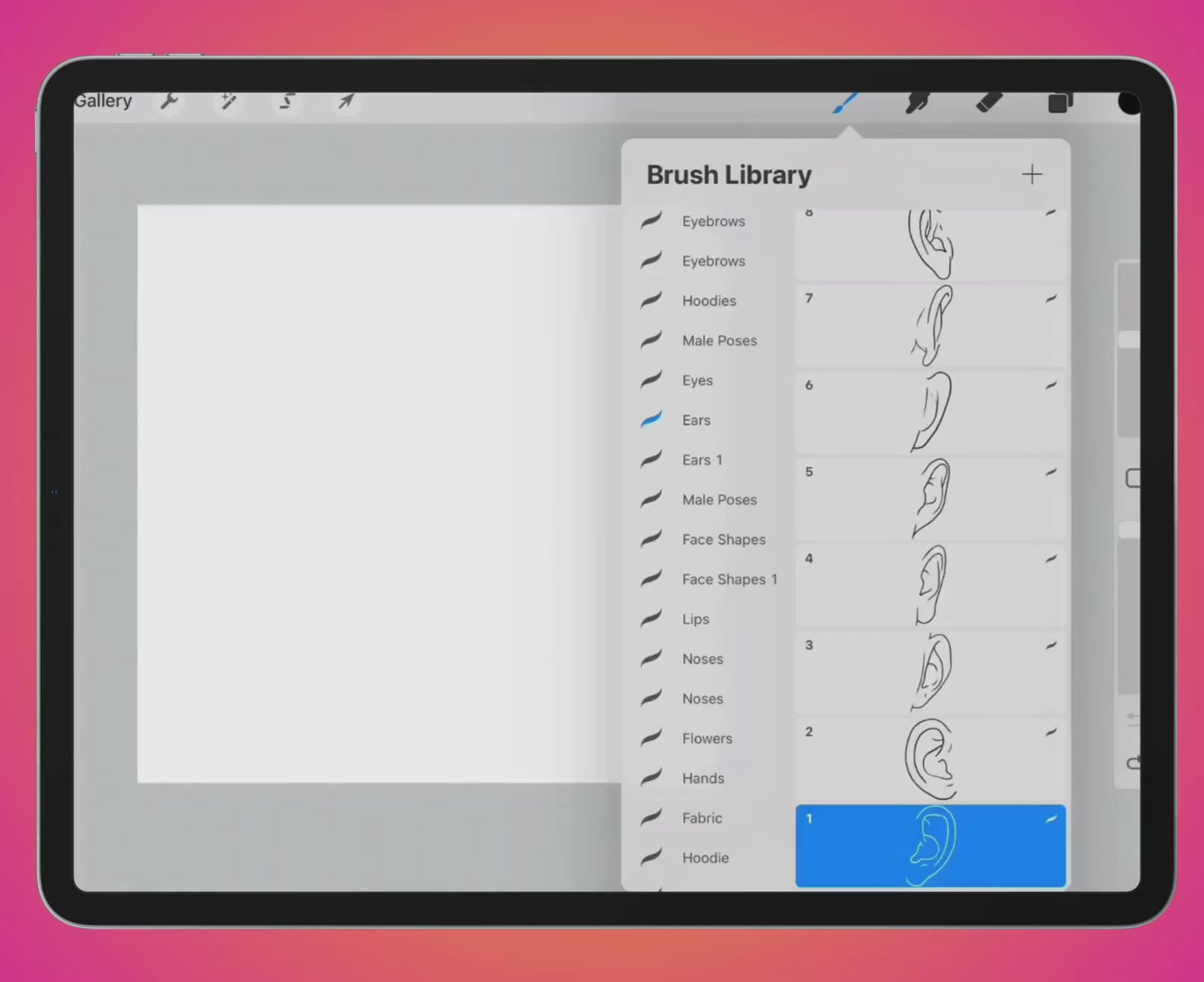 FUPstudio 100 Female Ears Procreate Stamp Brush Set preview showcasing detailed and expressive ear sketches.