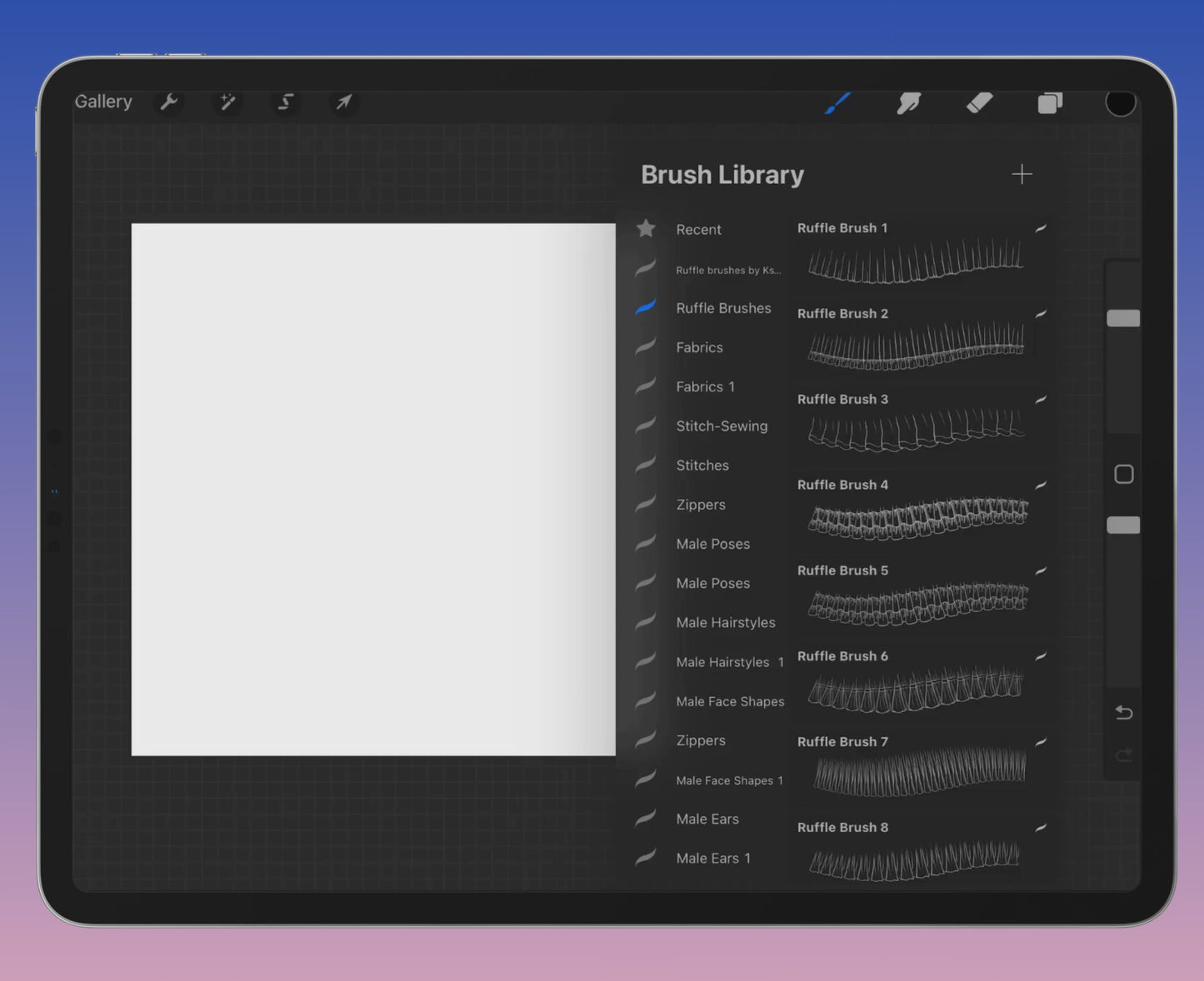 FUPstudio Ruffles Brushes video preview in Procreate, showcasing brush strokes and realistic folds