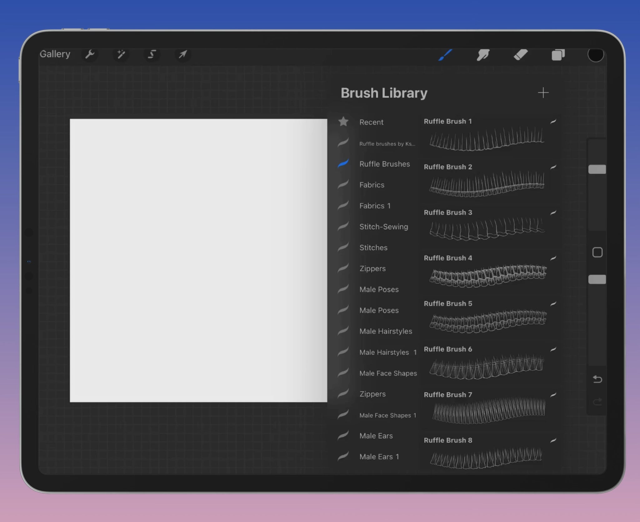 FUPstudio Ruffles Brushes video preview in Procreate, showcasing brush strokes and realistic folds