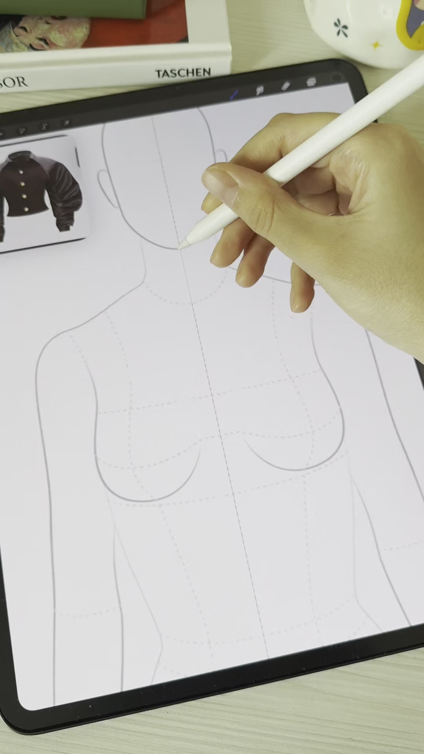 FUPstudio video showing fashion illustration in Procreate, sketching a female bodice template with Apple Pencil, using Procreate brushes for clothing design and tech pack style drawing.