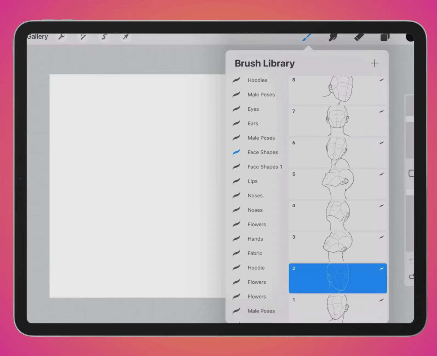 FUPstudio 100 Female Heads Procreate Stamp Brush Set preview showcasing structured head angles and sketch templates.
