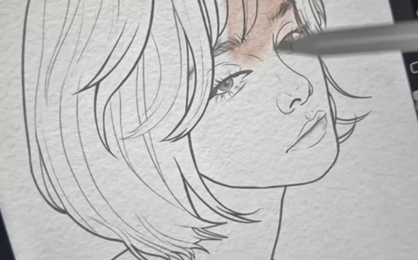 Apple Pencil demonstrating watercolor washes and layering on a portrait illustration with FUPstudio Procreate Watercolor Brushes, video preview