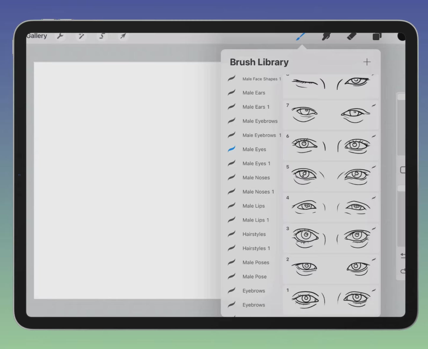 FUPstudio Male Eyes Procreate Stamps - animated preview of 100 digital brush stamps.