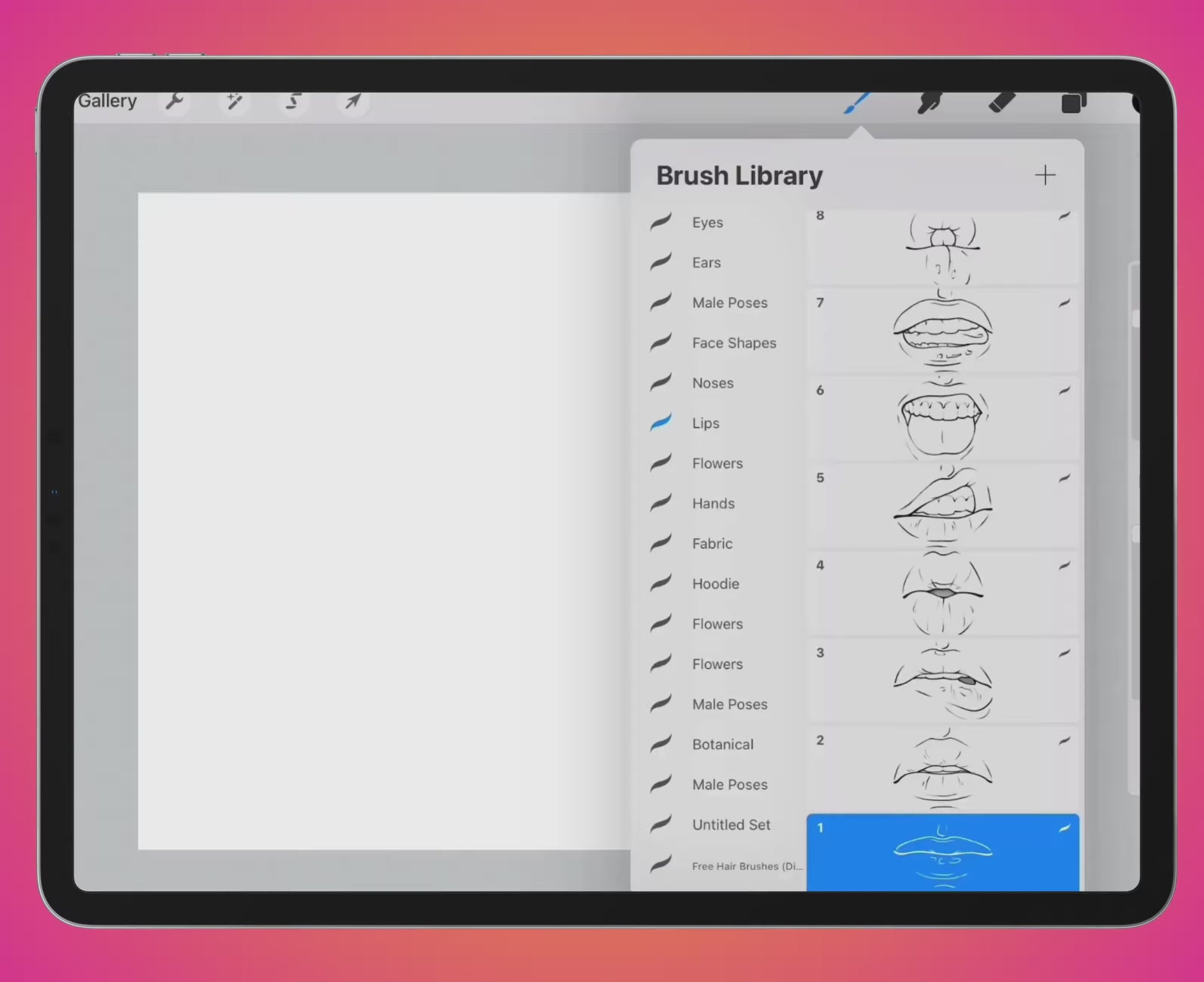 FUPstudio Female Lips Procreate Stamps Preview – Showcase of 100 digital lip brushes in various styles and expressions.