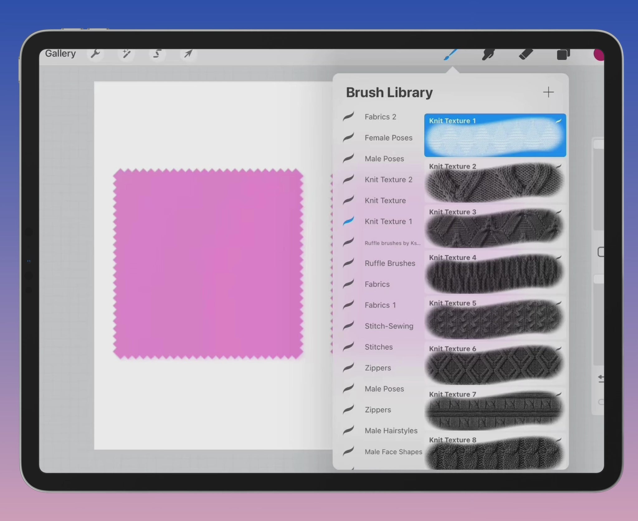 Video showcasing how to apply fupstudio Knit Texture Brushes in Procreate to instantly add realistic knit effects
