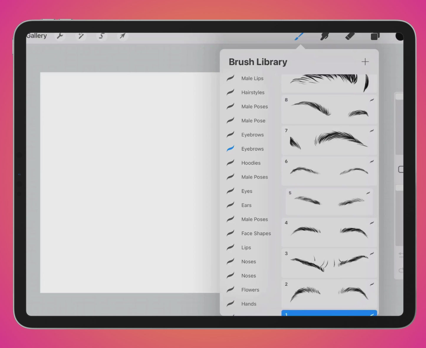 FUPstudio 100 Female Eyebrows Procreate Stamps in action, demonstrating the ease of use and versatility for digital artists.