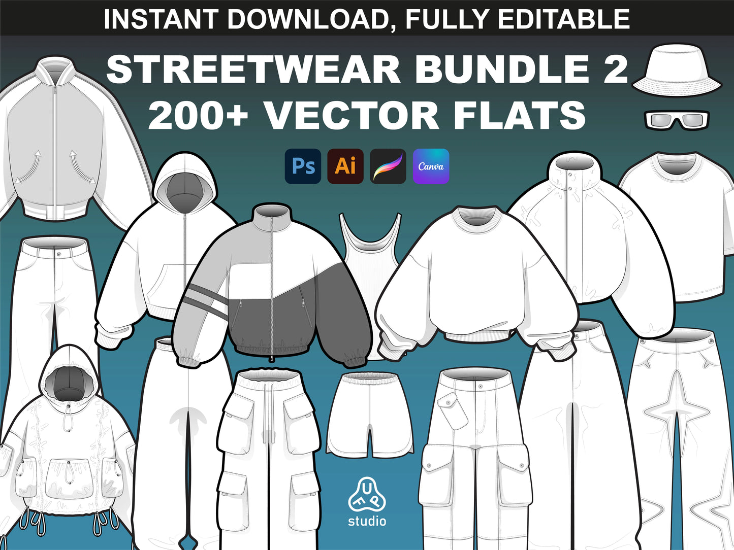 FUPstudio Streetwear Mockups Bundle 2 with 200+ vector flats of jackets, pants, hoodies mockups.
