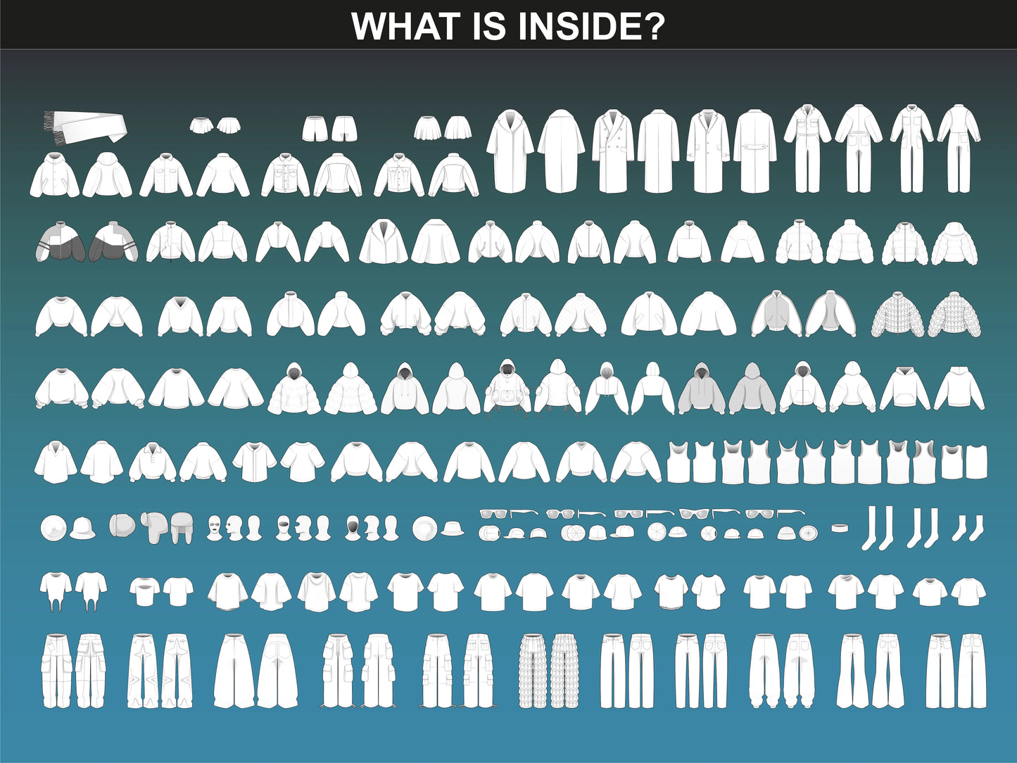 Overview of 200+ vector flats in FUPstudio’s Streetwear Mockups Bundle 2 for fashion designers.